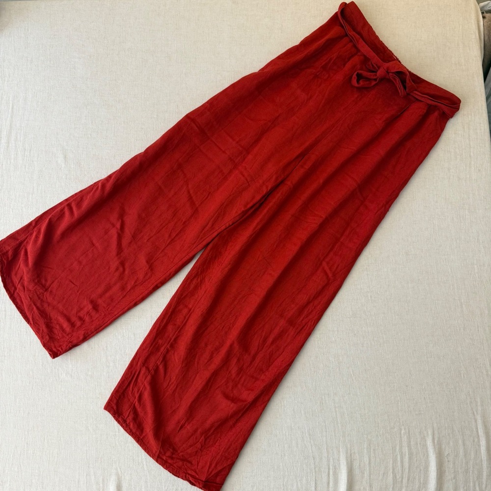 Japna Red Linen Blend Wide Leg Pants Elastic Waist Tie Front Size Large
